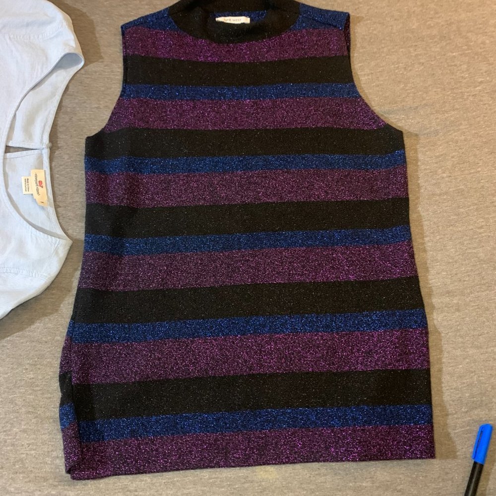 NineWest Metallic Striped Sleeveless Mock Turtleneck